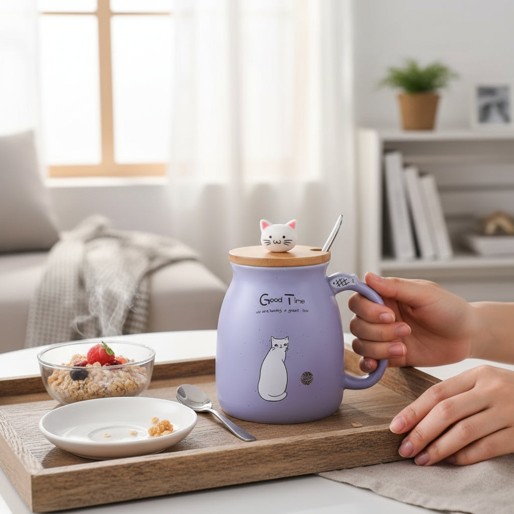 Keramikmugg med söt kattdesign – med lock och sked