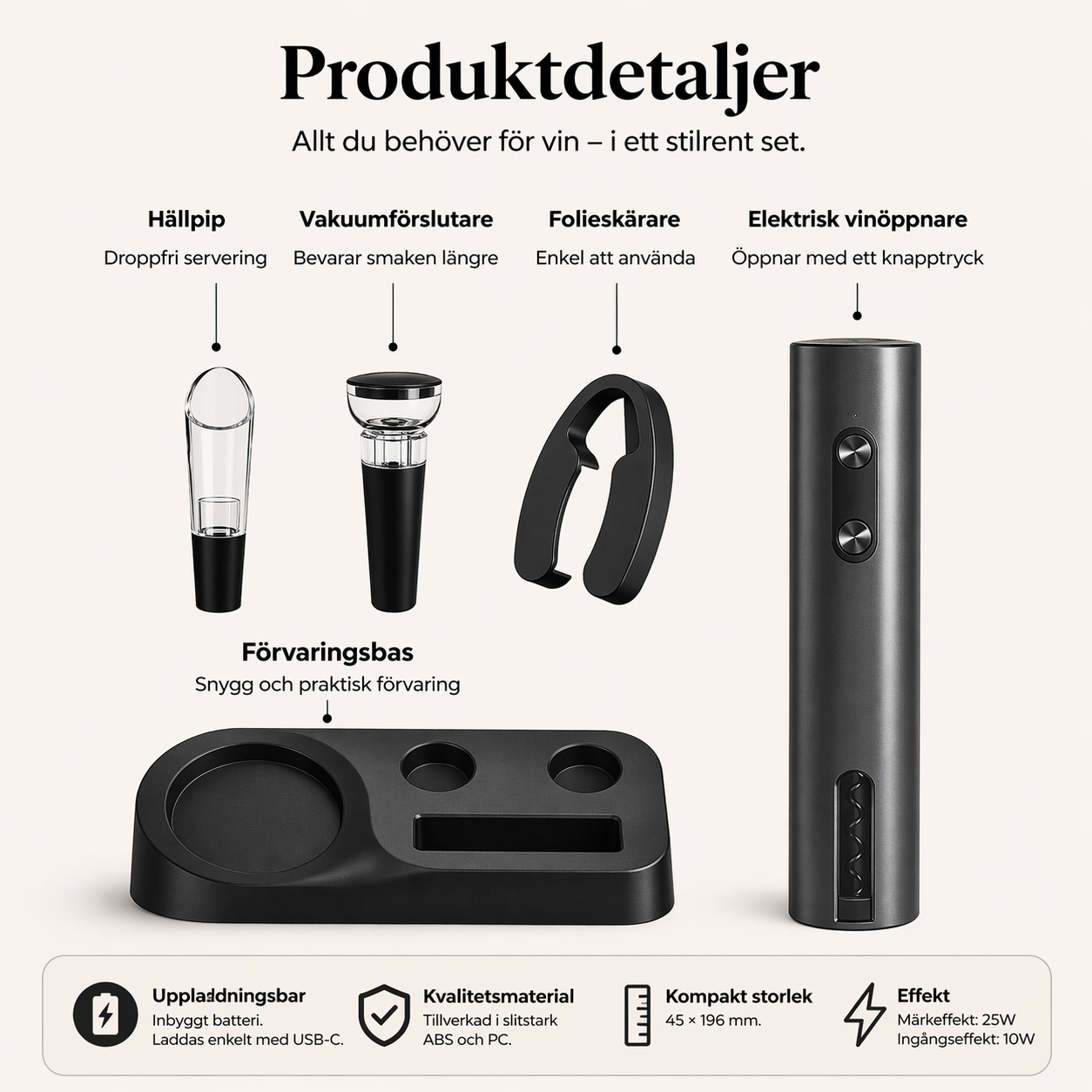 Vintora – Elektriskt vinöppnarset med hällpip & vakuumförslutare