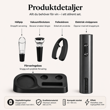 Vintora – Elektriskt vinöppnarset med hällpip & vakuumförslutare