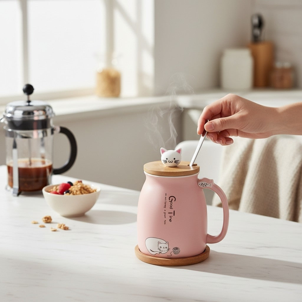 Keramikmugg med söt kattdesign – med lock och sked