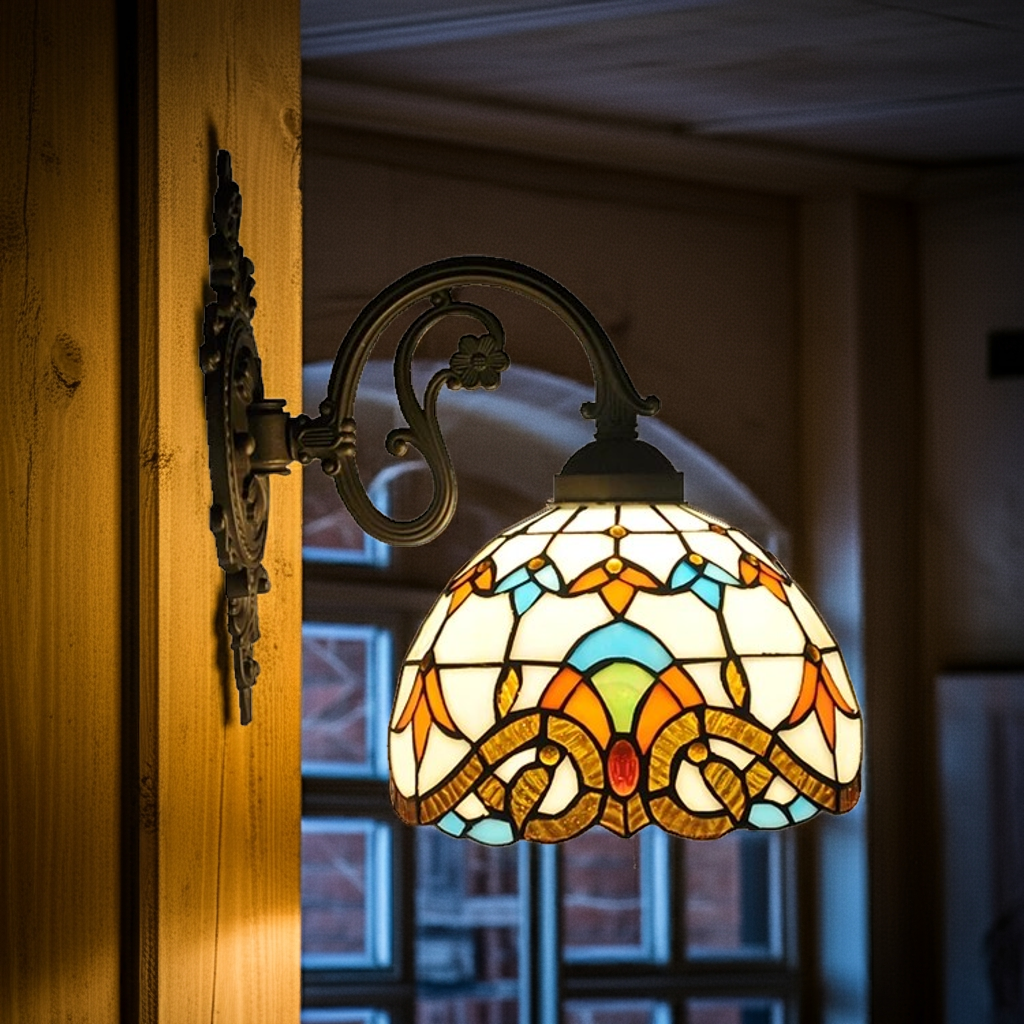 Aurora – Tiffany-inspirerad vägglampa i bärnstensgult glas, rund design – | Dinvardagsshop