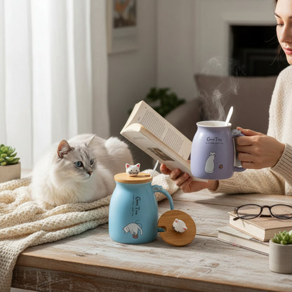 Keramikmugg med söt kattdesign – med lock och sked