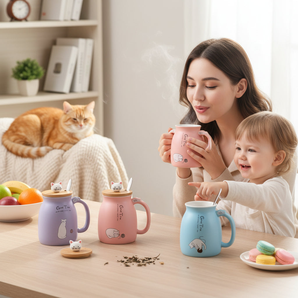 Keramikmugg med söt kattdesign – med lock och sked