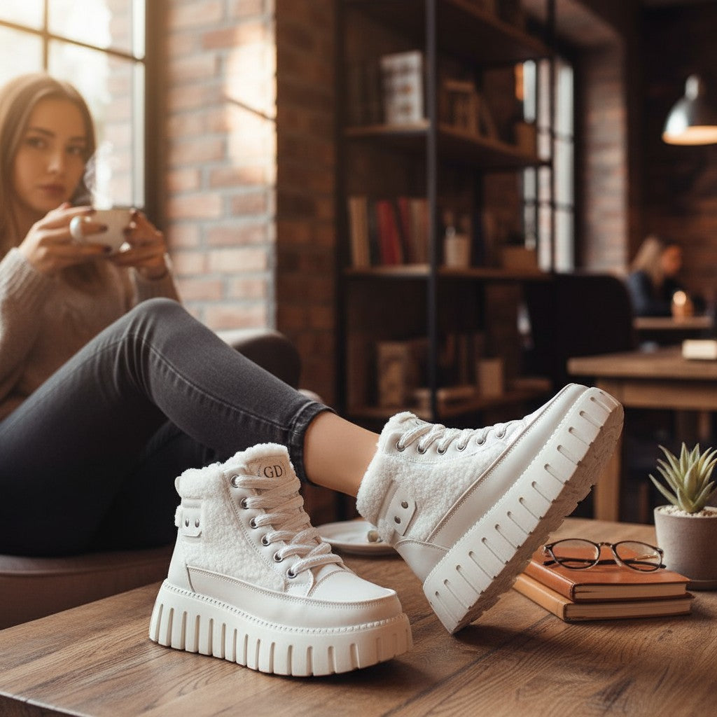 Frostella – Vinterankelstövlar med Höjdökning och Varmt Fleecefoder (Vit)