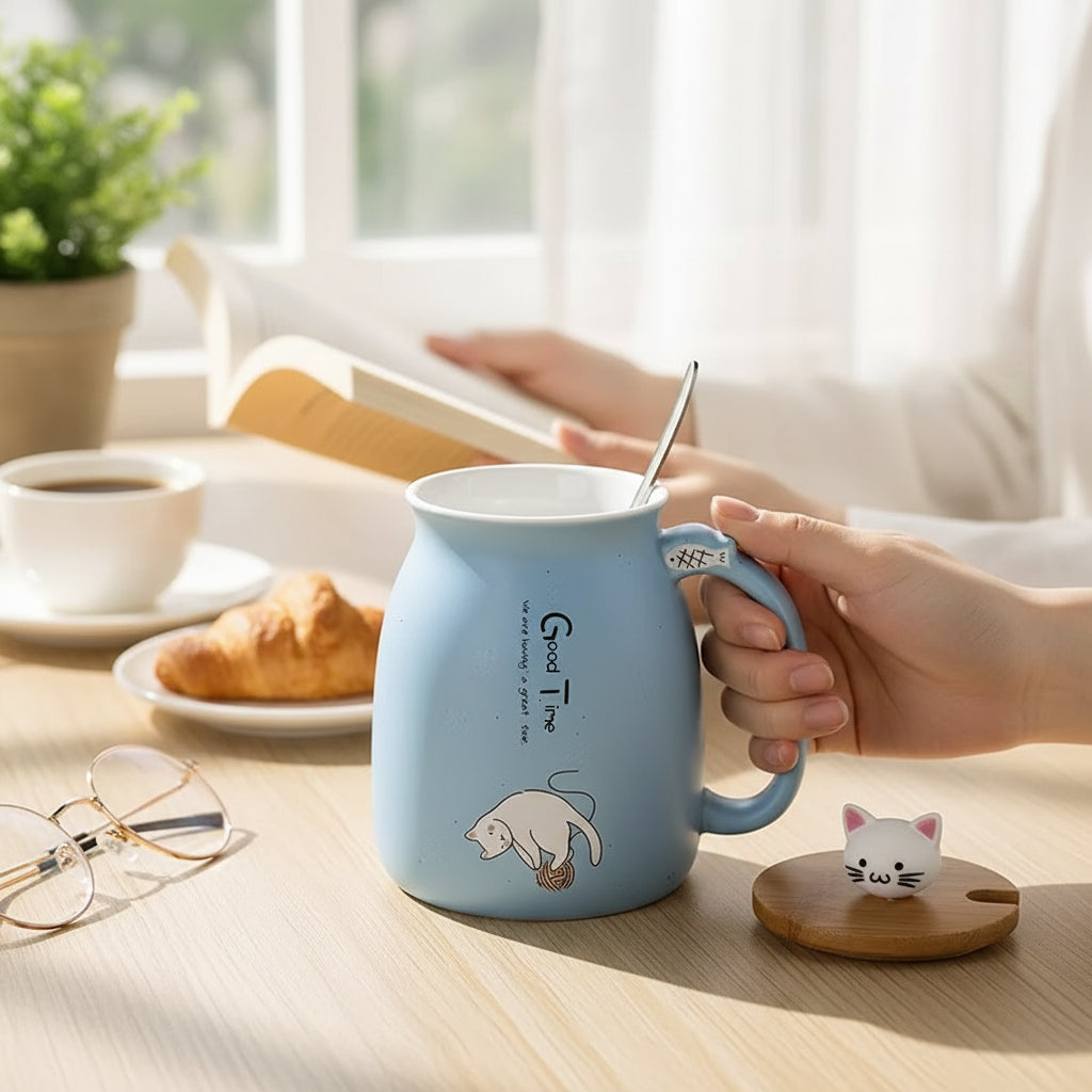Keramikmugg med söt kattdesign – med lock och sked