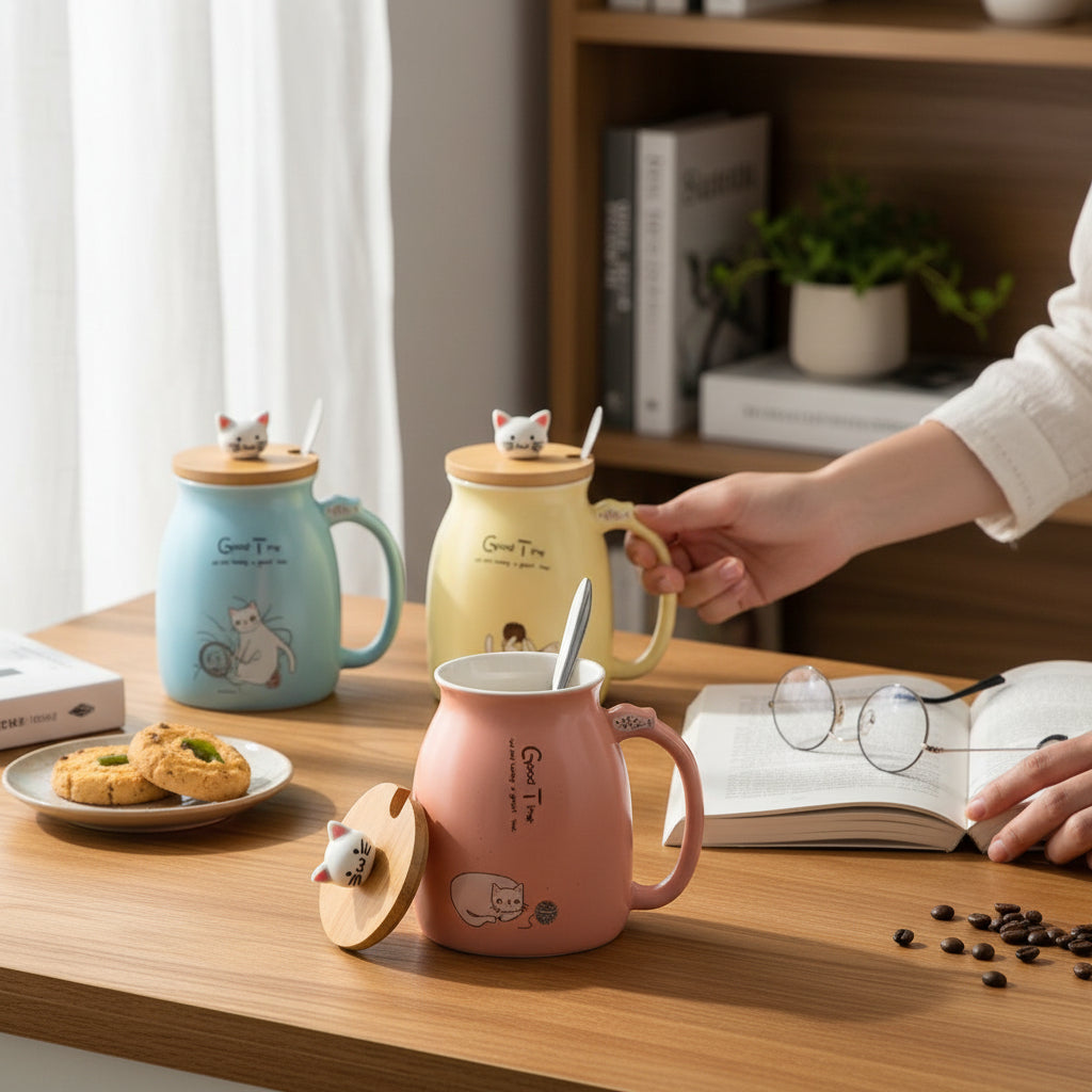 Keramikmugg med söt kattdesign – med lock och sked