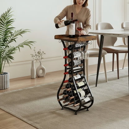 Fristående vinflaskhållare i metall och trä – golvstående vinställ för 14 flaskor med glashållare